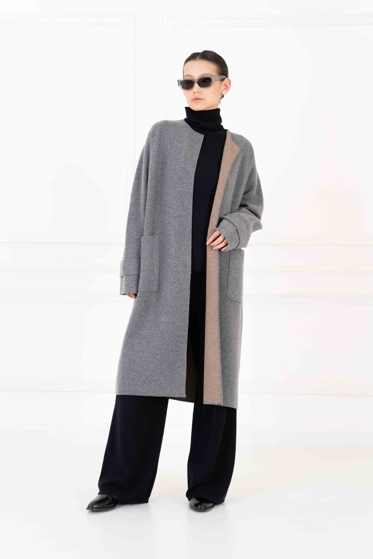 Damen Kaschmir Wendemantel – Hellgrau / Taupe