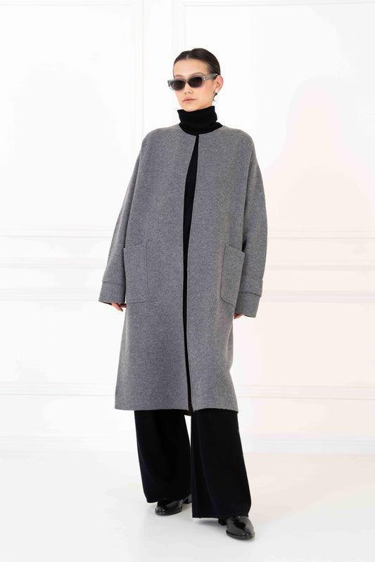 Damen Kaschmir Wendemantel – Hellgrau / Taupe